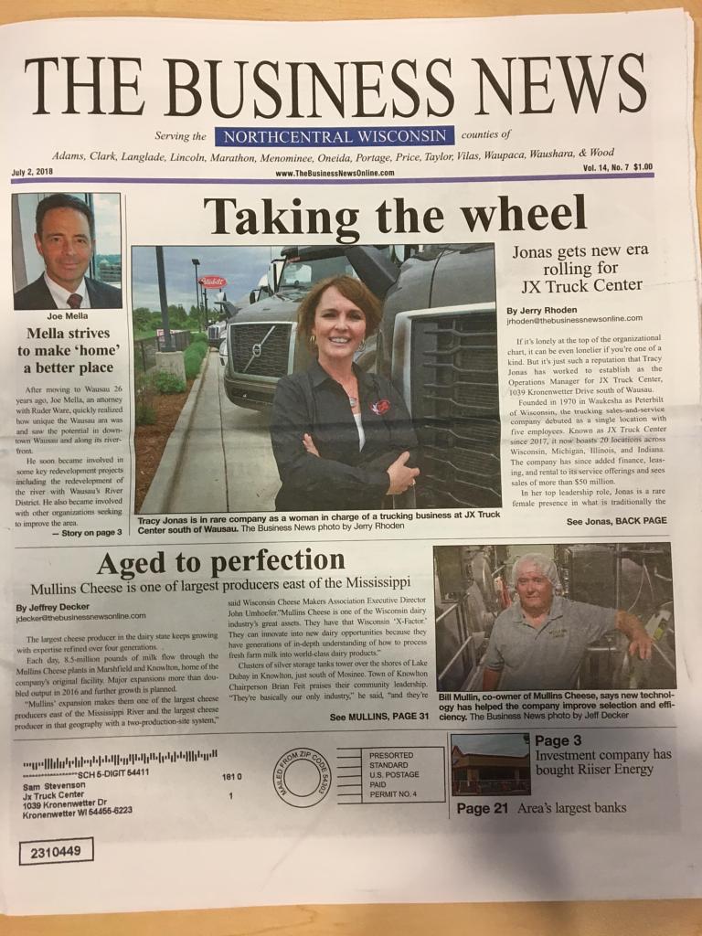 Copy of The Business News featuring article about Tracy Jonas as a woman taking charge in the transportation industry