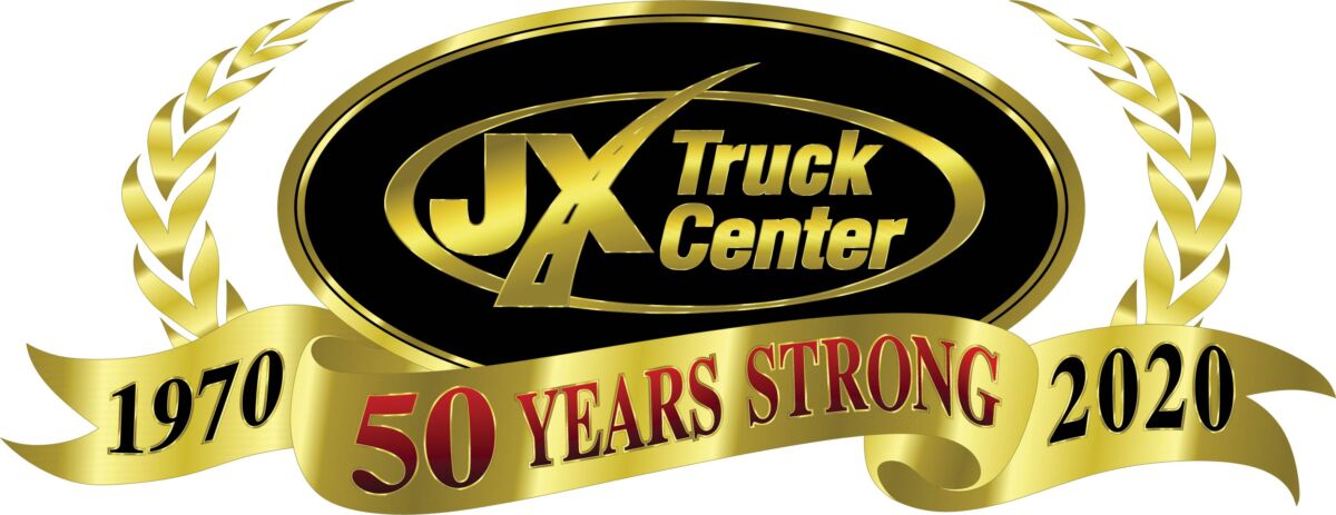 JX Truck Center 50th anniversary logo with gold ribbon