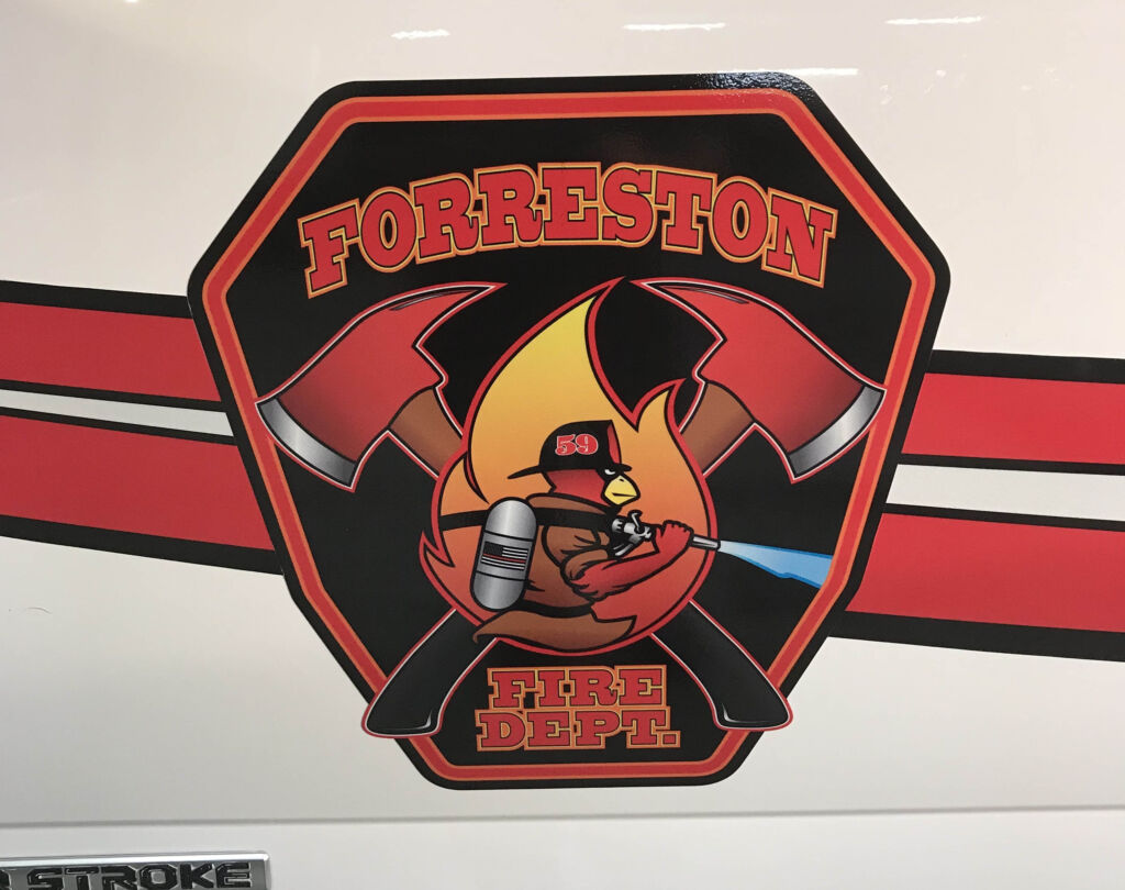 cartoon bird in firefighter costume with hose forreston fire department truck graphic