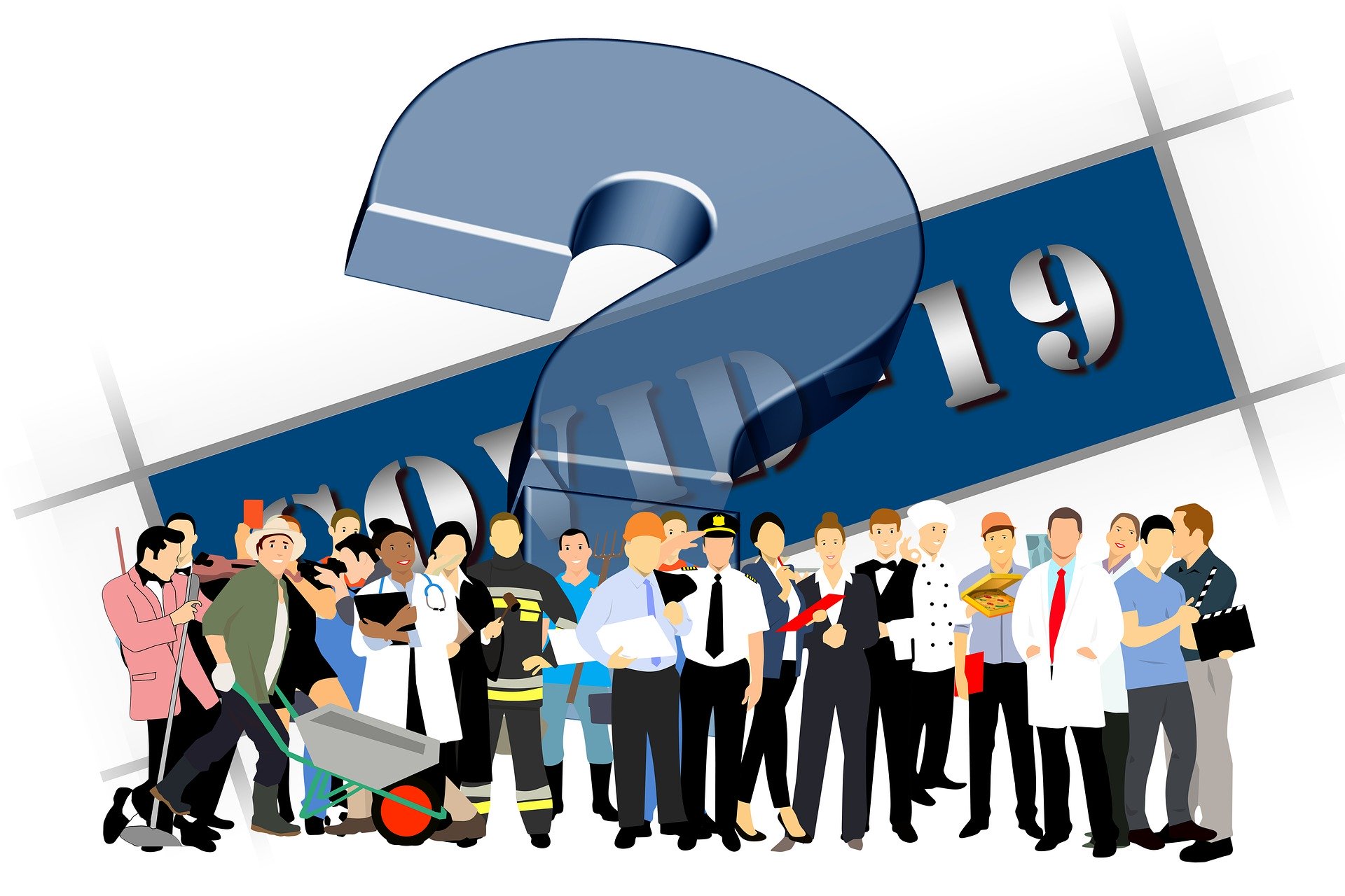 Group of animated people standing, COVID-19 in the background with a question mark.Finance blog June 2020 cover photo