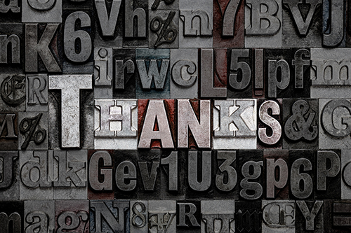 The word Thanks made from old metal letterpress letters